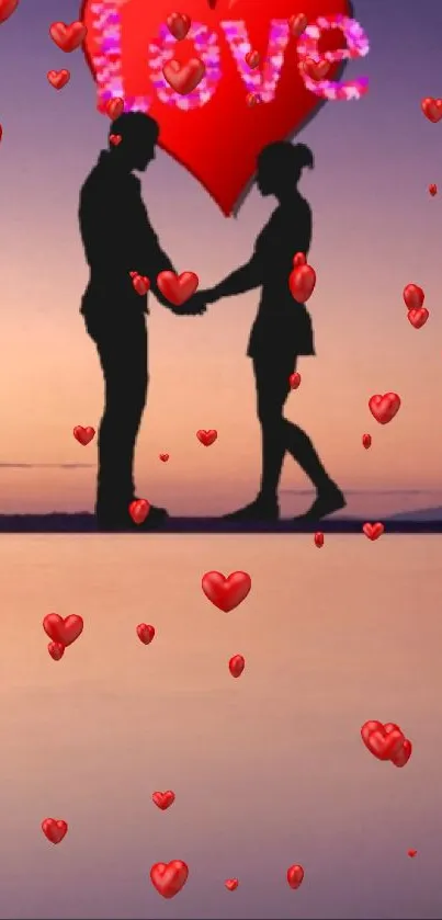 Romantic couple silhouette with heart at sunset and tree reflection.