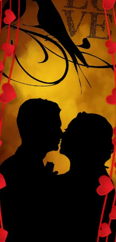 Romantic silhouette of a couple against a yellow and red heart background.