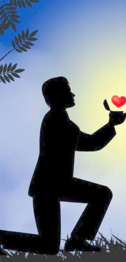 Silhouette of a man proposing with heart in hand against a serene blue sky.