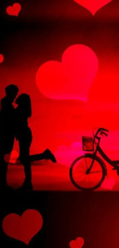 Romantic silhouette with hearts and bike on a vibrant red background.