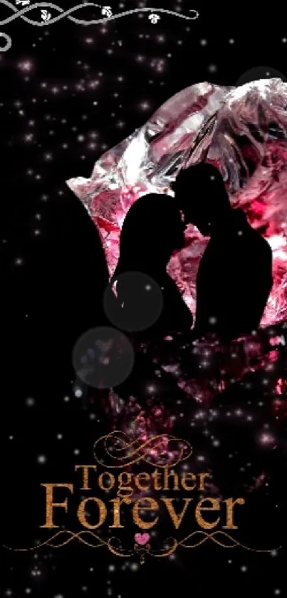 Romantic silhouette couple wallpaper with black and pink accents.
