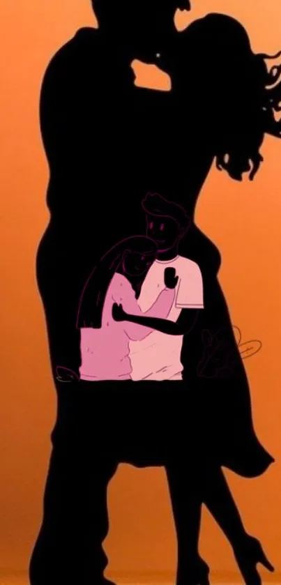 Silhouette of a couple embracing against an orange background.