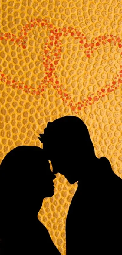 Romantic silhouette with hearts in orange texture background.