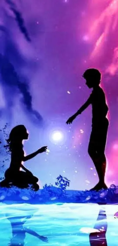 Romantic silhouette wallpaper with purple and blue hues depicting a couple at twilight.