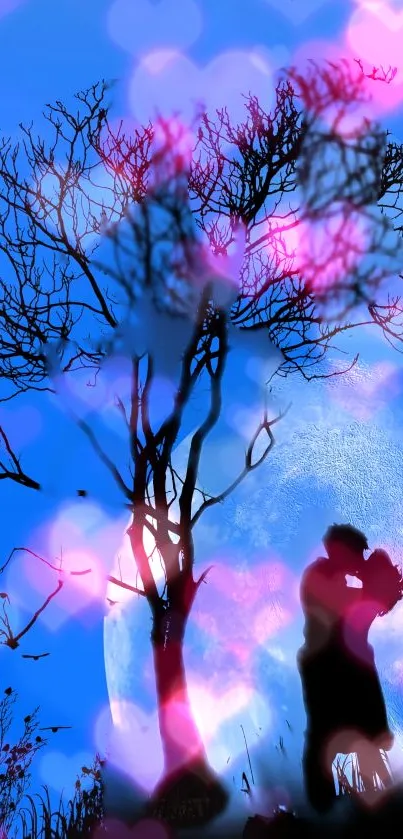 Romantic couple silhouette under a blue moonlit sky with pink heart shapes.