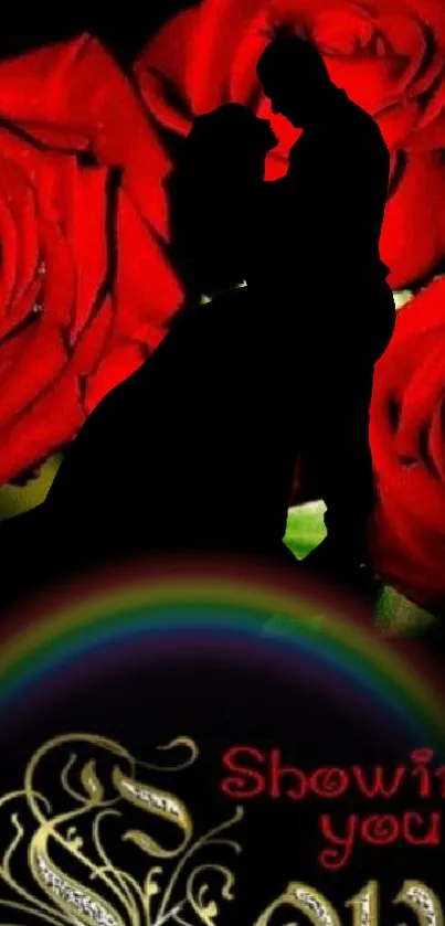 Couple silhouette with red roses and rainbow in wallpaper.