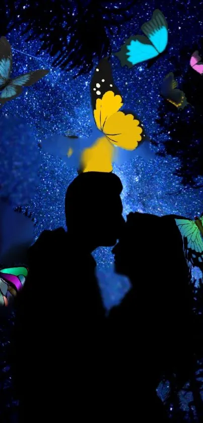 Silhouette of a couple kissing under a starry sky with vibrant butterflies.