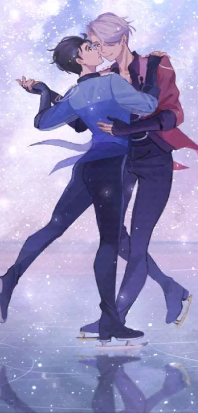 Anime couple ice skating under a starry sky.