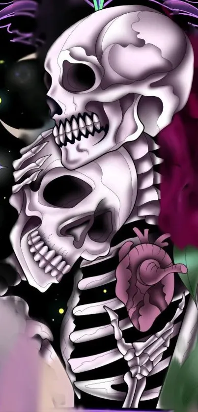 Romantic skeletons in vibrant gothic art with love motif on black background.