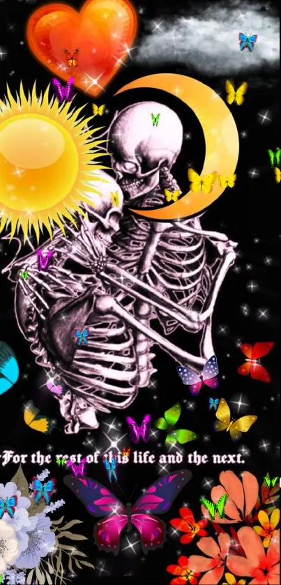 Romantic skeleton art with sun, moon, butterflies, and flowers.