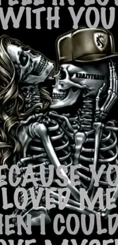 Romantic skeleton couple with love message on black background.