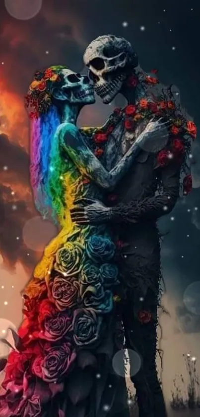 Romantic skeleton couple with roses in a mystical sky.