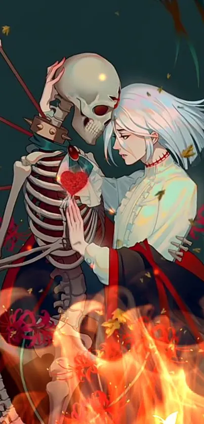 Fantasy art of a skeleton and white-haired figure embracing amid flames and flowers.