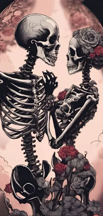 Two romantic skeletons with roses in a gothic art style on a mobile wallpaper.