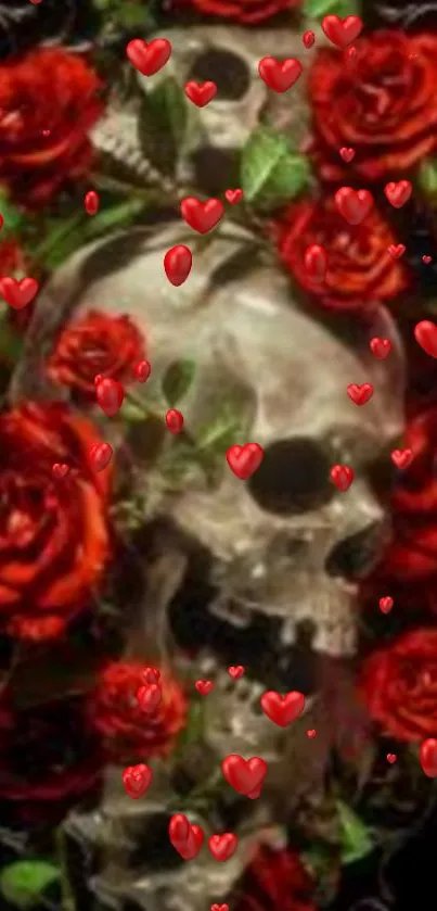 Skull with red roses and hearts wallpaper for phones.