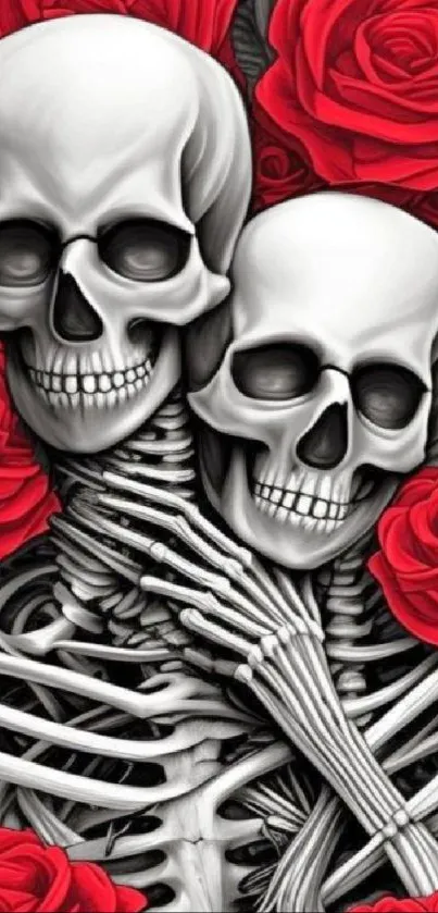 Romantic skulls with red roses wallpaper art