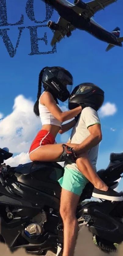 Couple on motorcycle under blue sky with a plane above.