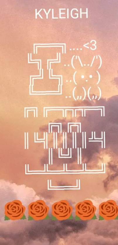 Peach sky wallpaper with ASCII art and rose designs.