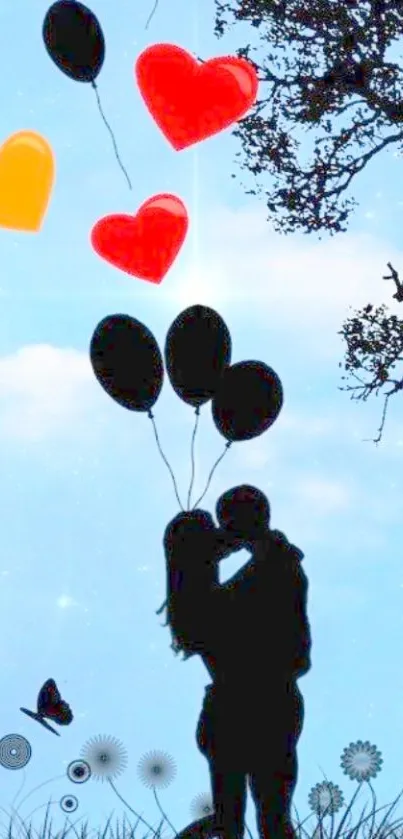 Silhouette couple with heart balloons under a blue sky with tree silhouette.