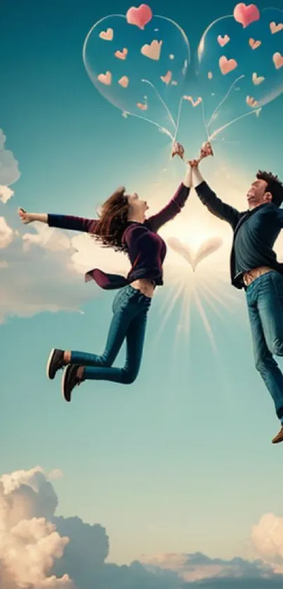 Romantic couple leaping with heart-shaped balloons in a blue sky.