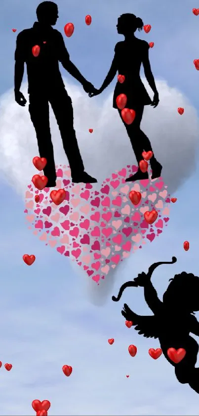 Romantic wallpaper with couple on cloud heart in blue sky.