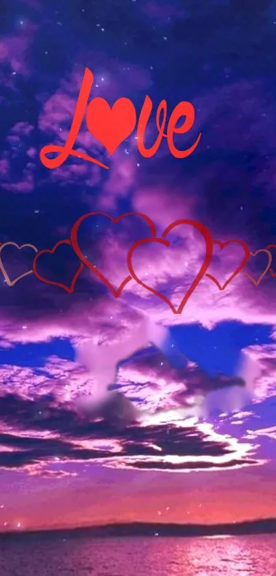 Romantic sunset sky with red love hearts mobile wallpaper.