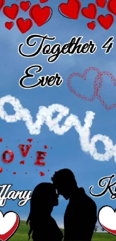 Romantic wallpaper with sky writing 'I Love You' and couple silhouette.