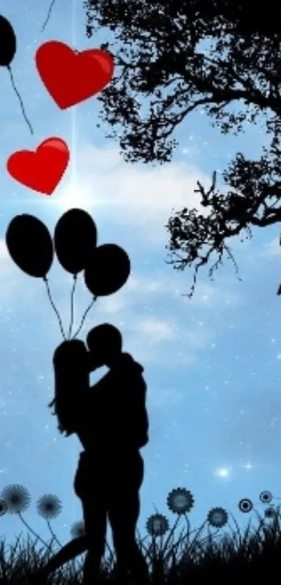 Silhouette couple under sky with heart balloons