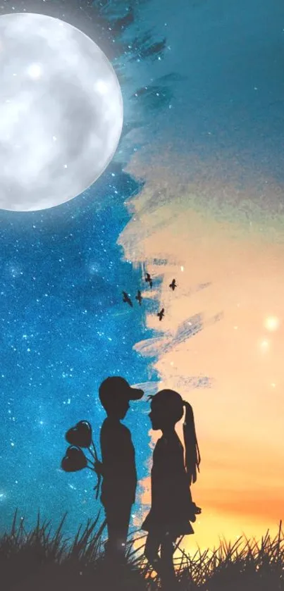 Silhouette of couple at night transitioning to a day sky, under a full moon.