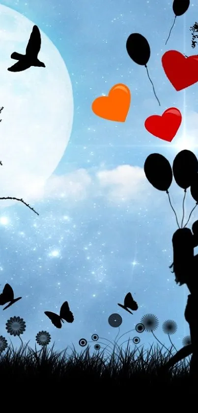 Silhouette couple kissing under a moonlit sky with heart balloons and butterflies.