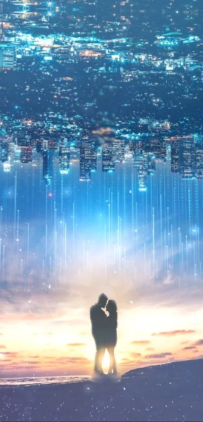 Romantic couple with city skyline and stars.