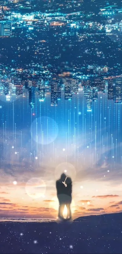 A couple embracing under a mirrored city skyline during sunset with glowing lights.