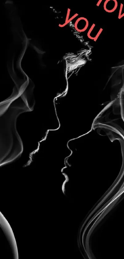 Romantic smoke faces with 'I love you' message on black background.