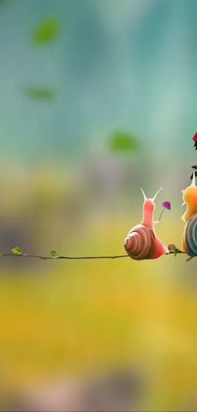 Two snails on a branch with a red rose.