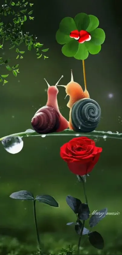 Two snails under a clover with a red rose and green foliage.