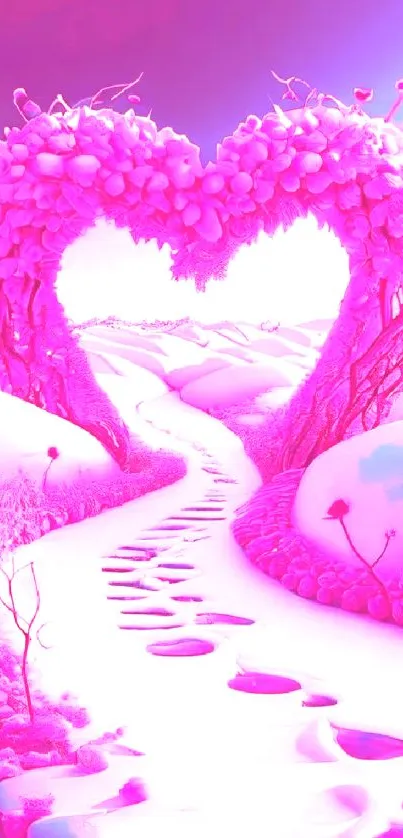 Heart-shaped arch in pink snow landscape with blue sky