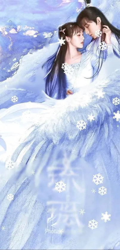 Romantic couple in blue and white with snowflakes.