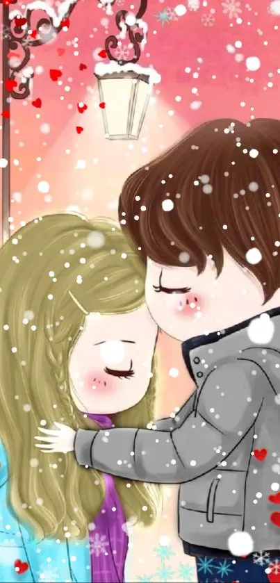 Romantic cartoon couple in snowy setting with hearts.