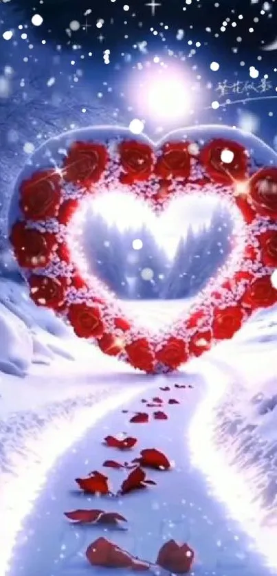 Heart-shaped rose arch on snowy path under a starry sky.