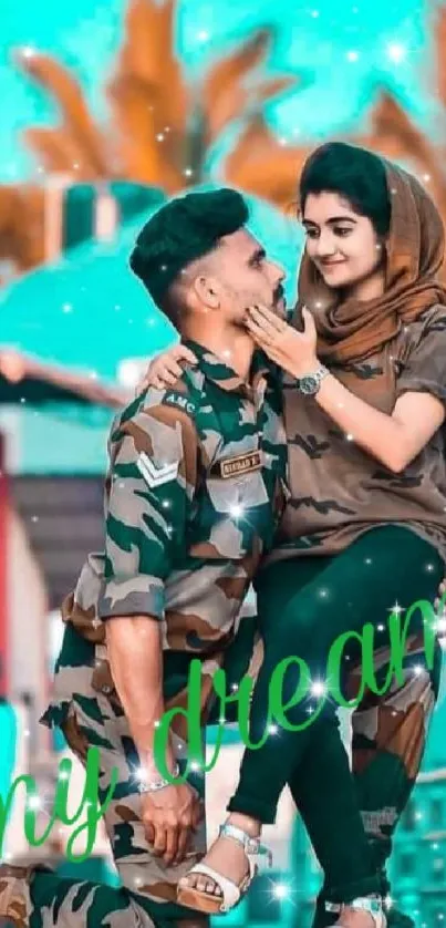 Romantic moment with a soldier kneeling before his partner against a colorful backdrop.