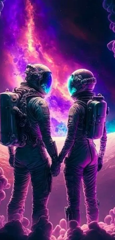Two astronauts holding hands against a colorful cosmic backdrop.