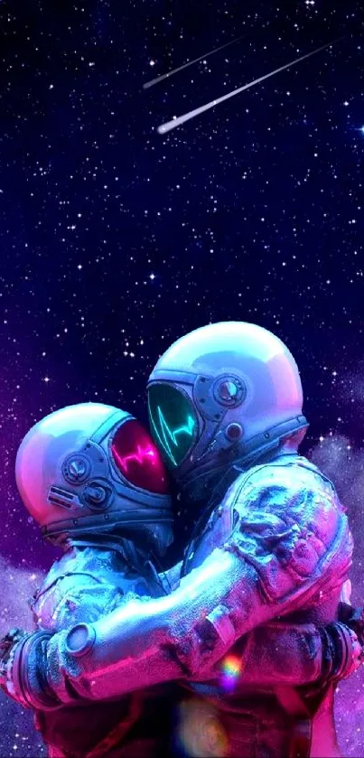 Two astronauts embracing under a starry purple sky.