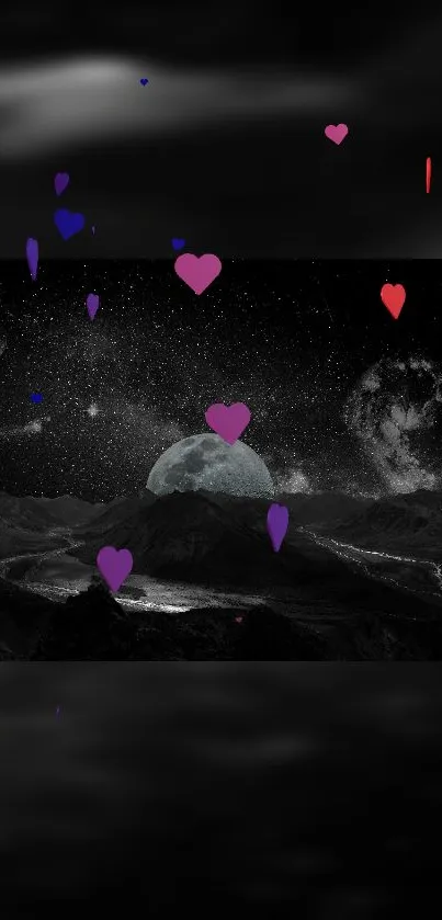 Cosmic landscape with hearts and moon in a romantic space scene.