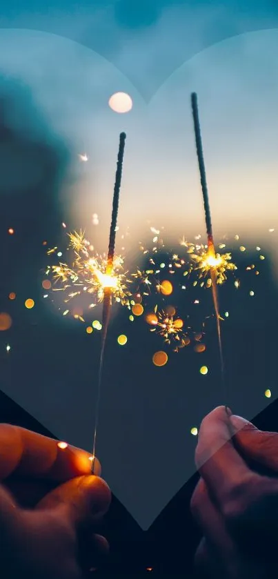 Romantic sparkler heart wallpaper with serene sunset backdrop.