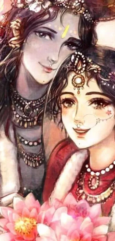 Illustration of a couple with flowers and traditional attire.