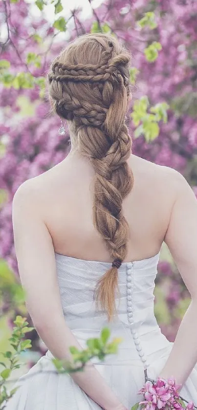 A woman in white stands in front of pink blossoms with a braided hairstyle.