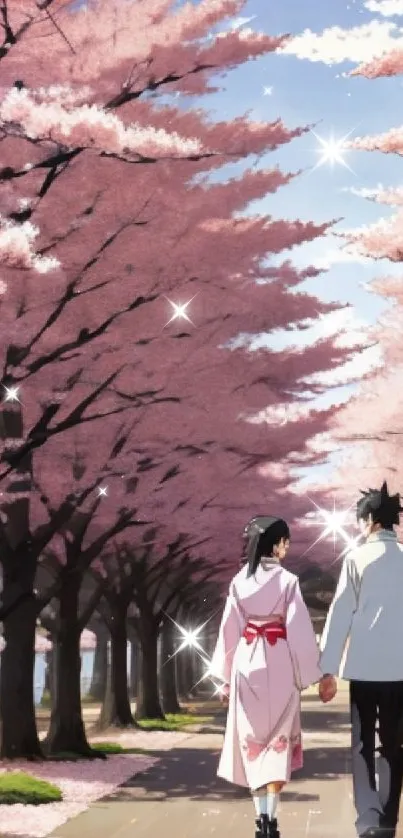 Anime couple walking under cherry blossoms in spring.