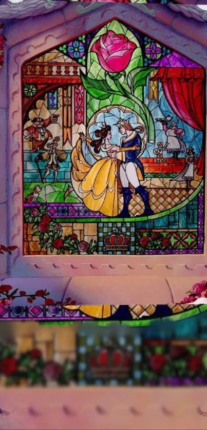 Stained glass fairy tale scene with vibrant colors and romantic theme.