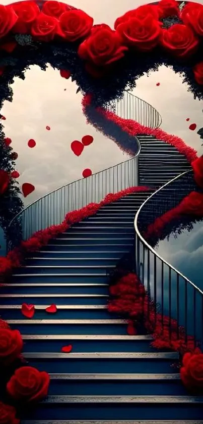 Staircase forming a heart with red rose petals.