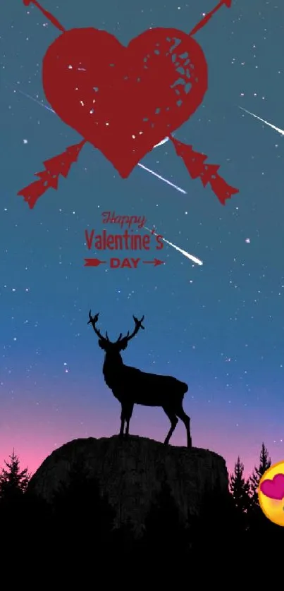 Valentine's Day wallpaper with red heart and deer silhouette under a starry sky.